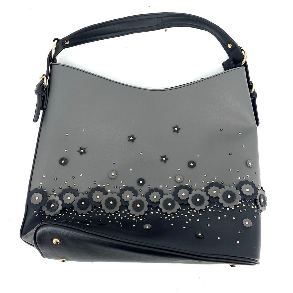 MKF Collection Vegan Leather‎ Shoulder Bag - Gray Black Floral Embellished Tote